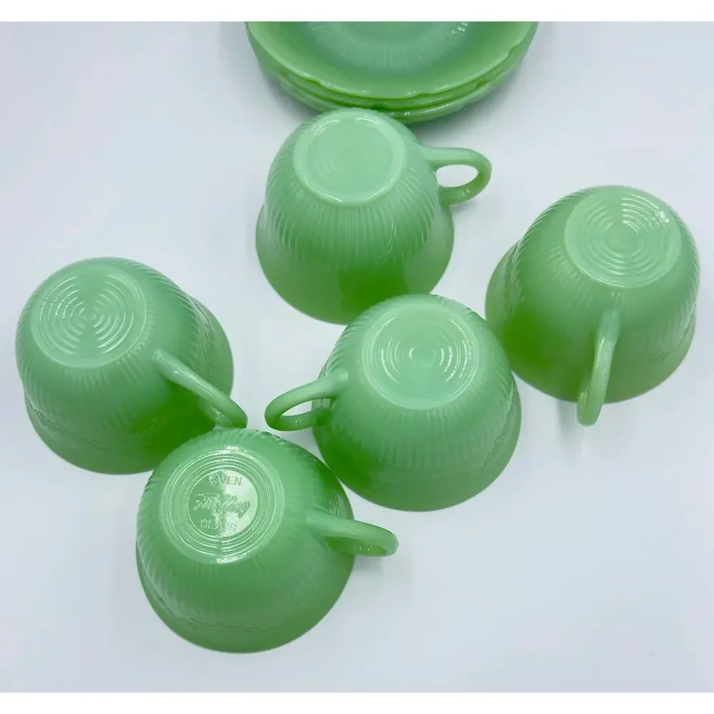 Anchor Hocking Fire King ALICE Jadeite Coffee Tea Cup & Saucer 9pc Lot